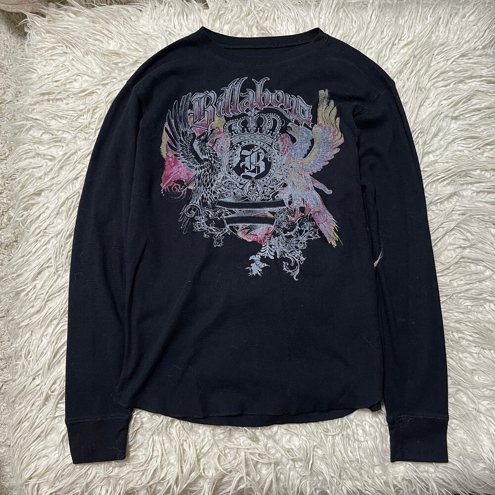 Y2K Affliction Style Graphic Thermal Longsleeve Shirt Black Hologram size L